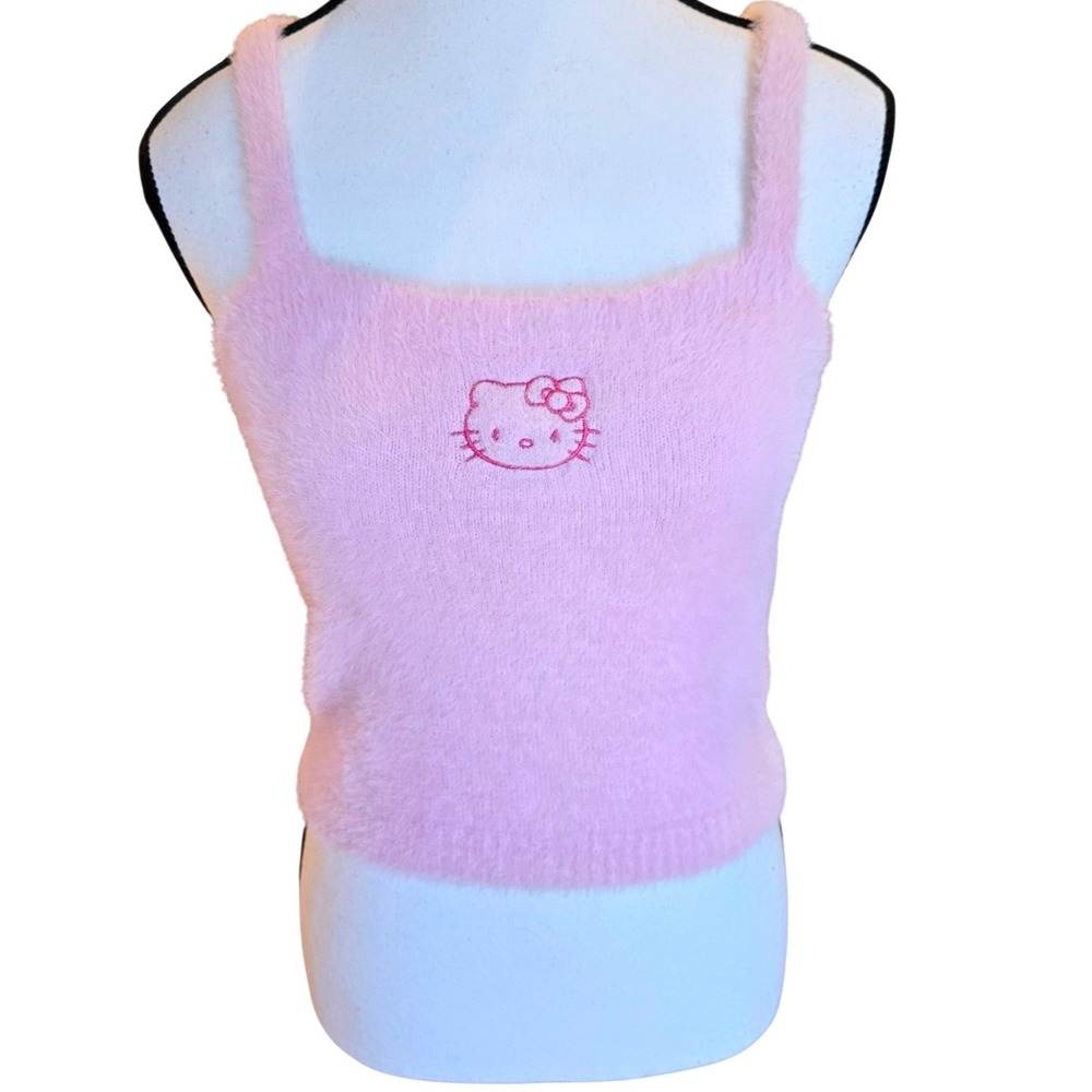 Hello Kitty x Forever 21 Fuzzy Pink Cropped‎ Top L Embroidered Coquette Tank